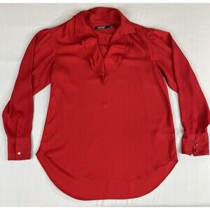Lauren Ralph Lauren Red Ruffle V-Neck Long Sleeve Blouse